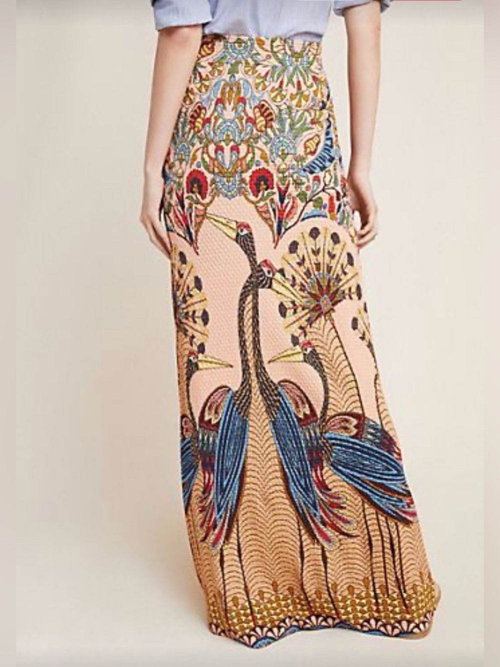 Anthropologie Peach Maxi Skirt with Blue & Red Peacock Print - Picture 2 of 14